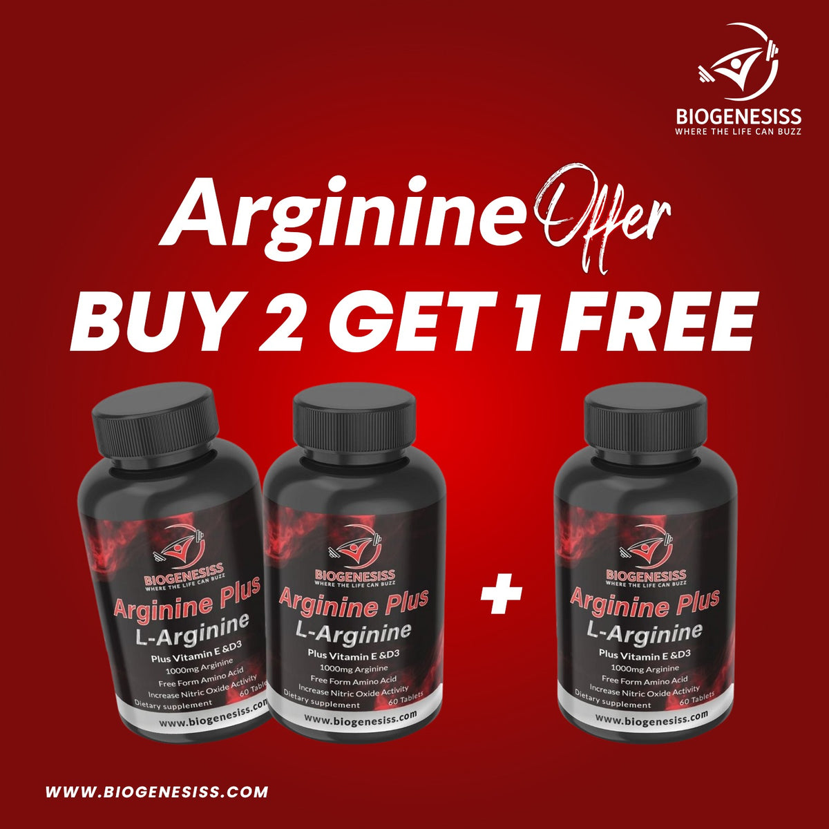 Biogenesis Arginine Plus – L-Arginine with Vitamin E & D3 (BUY 2 GET 1 FREE)