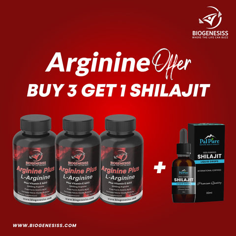 Biogenesis Arginine Plus – L-Arginine with Vitamin E & D3 (BUY 3 GET 1 Shilajit FREE)
